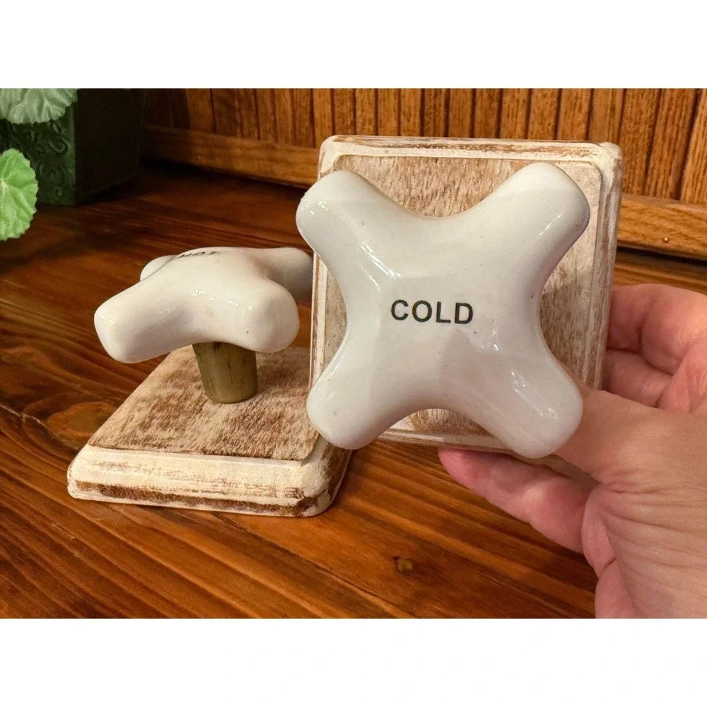 Hot Cold Faucet Knob Wall Hooks Set Rustic Farmhouse Wood Ceramic Bathroom